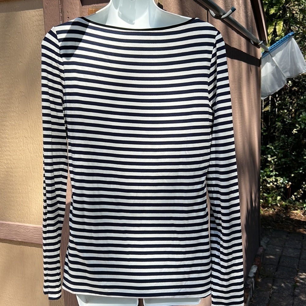 124. WHBM long sleeve stripe peplum bodice, officer blue with white stripes - Picture 5 of 10